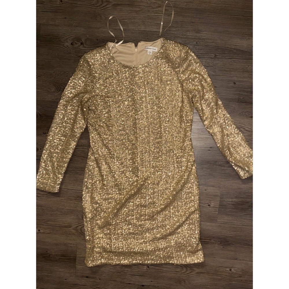 Coldwater Creek Gold Sequin Long Sleeve Sheath Dress Size 10 Holiday Cocktail